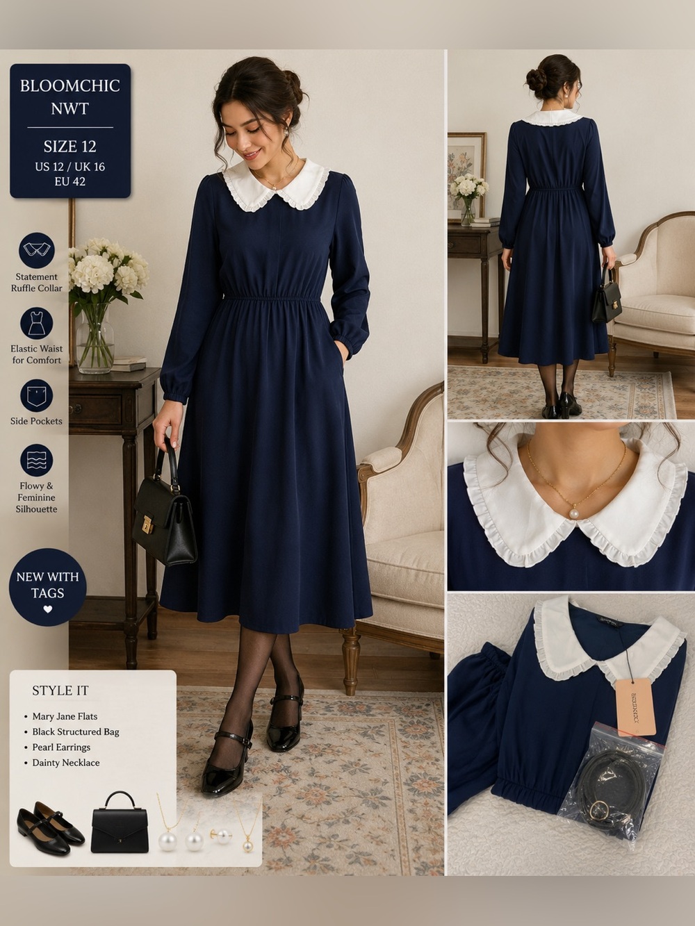 NWT BloomChic Navy White Collar Midi Dress Size 12